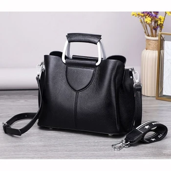 

3 Compartments, Top Handle Tote, Women Genuine Leather Handbag, Real Cow's Skin Bag, Female Cross body Messenger, D011