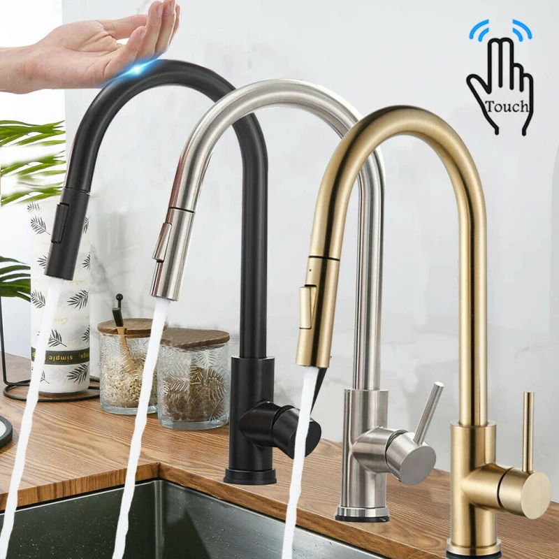 Brushed Gold Sensor Kitchen Sink Faucets Pull Out 360° Touch Control Mixer Tap