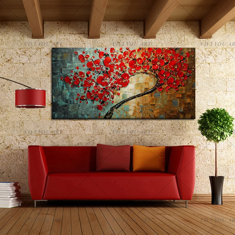 Free-shipping-Abstract-Red-Flower-Tree-Knife-Oil-Painting-On-Canvas-Beautiful-Picture-Wall-Art-Home