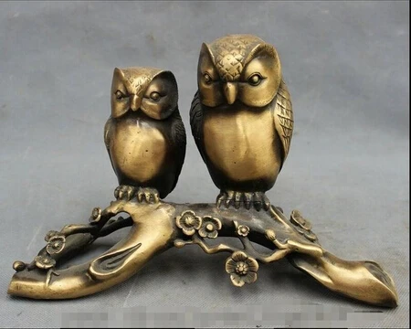 ---323+++ 10&quot Chinese Bronze Folk Home Wealth Bird 2 Owl On Club Tree Statue Sculpture | Дом и сад