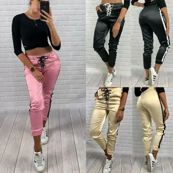 

Womens Pencli Pants Casual Solid Color High Waist Bandage Harem Pants Side Striped Sports Trousers Sweatpants Leggings Jogger