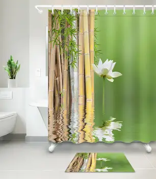 

Fabric Shower Curtain Set Waterproof Polyester Sheer Spring Spa Bamboo Water Zen