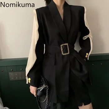 

Nomikuma 2020 Spring Summer Suit Jacket Korean Belted Slim Waist Women Blazer Lapel Long Sleeve Patchwork Female Blazers 3Z230