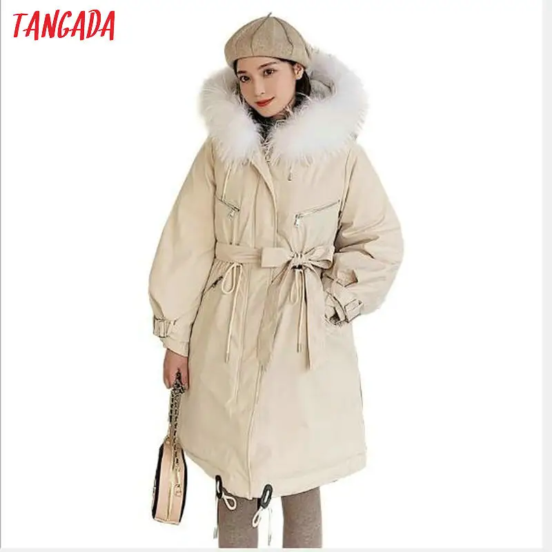 

Tangada women Cotton-padded hooded oversized parkas fur collar with slash long sleeve female winter coat plus size XXXL AMK10