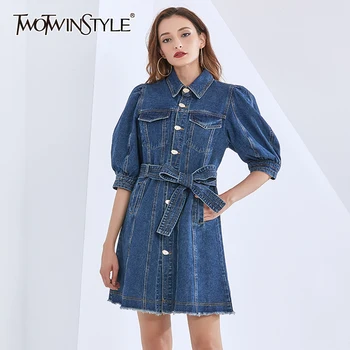 

TWOTWINSTYLE Bowknot Lace Up Denim Dress For Women Lapel Puff Half Sleeve Vintage Patchwork Dresses Female 2020 Fashion Clothing