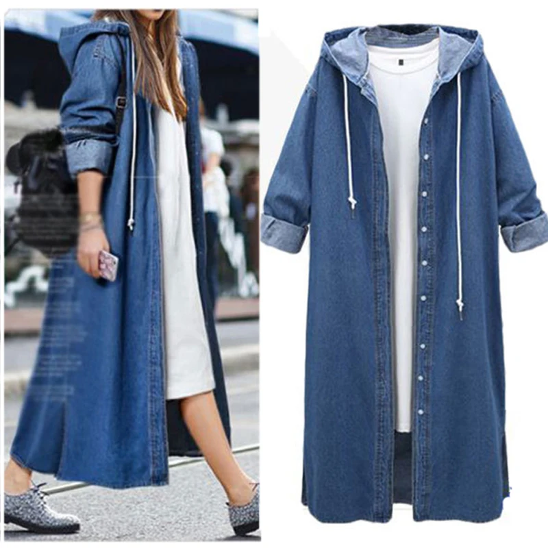 

New Fashion Plus Size Coats L-4XL Hooded Denim Jackets Casual Loose Coats Long Sleeve Spring Autumn Demine Out Wears Femmes Tops