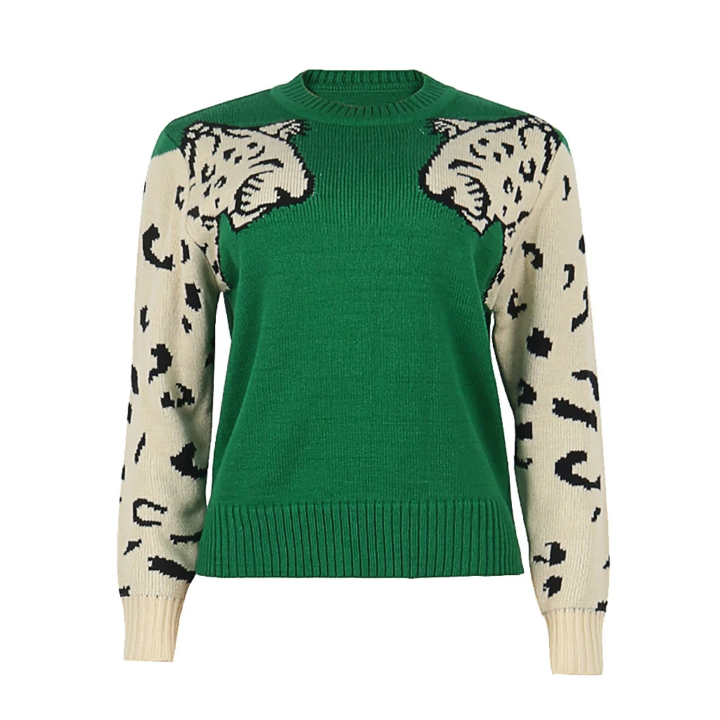CHAMSGEND Women Patchwork Leopard Knitting Pullover Casual O-Neck Autumn Winter Thick Cashmere Tops Loose Sweater 1001