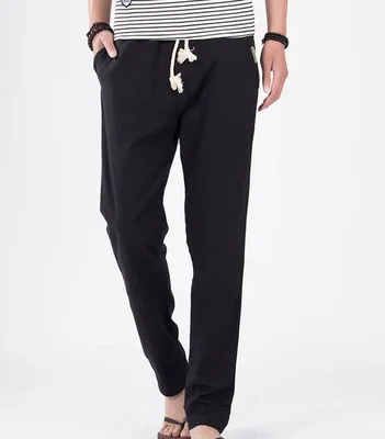 Мужские повседневные тонкие льняные шлангные брюки однотонные дышащие брюки - Цвет: Черный