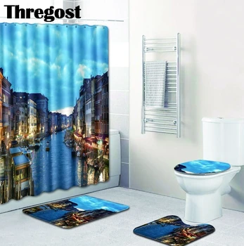 

Thregost Modern Polyester Bathroom Mats 3pcs with Shower Curtain Waterproof Toilet Carpet Non Slip Bath Mat Toilet Cover Set