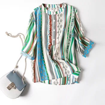 

New Europe and the quality of round collar falbala bar sleeve cardigan in printed pure silk shirt