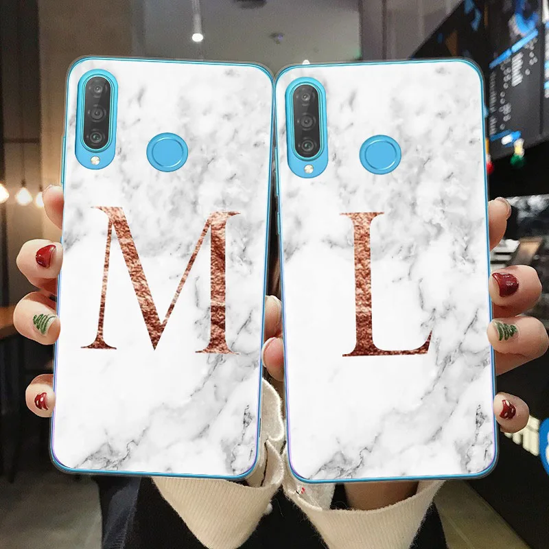 Мягкий ТПУ чехол для телефона с надписью Monogram A B C D белый мрамор Huawei P20 P30 P40 Lite E Pro