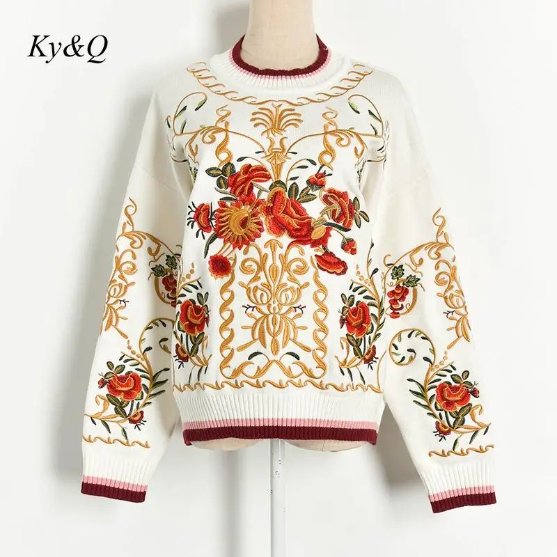 High Quality 2020 Brand Design Women Flowers Casual Fashion Floral Embroidery O-neck Loose Pullover Sweater Spring Clothes Tops | Женская