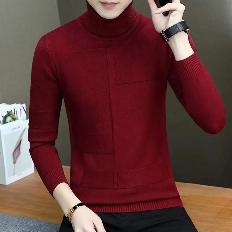 Теплый брендовый осенний мужской Модный повседневный мужской свитер, Мужской пуловер с высоким воротником, Однотонный свитер, M-3XL - Цвет: Бургундия