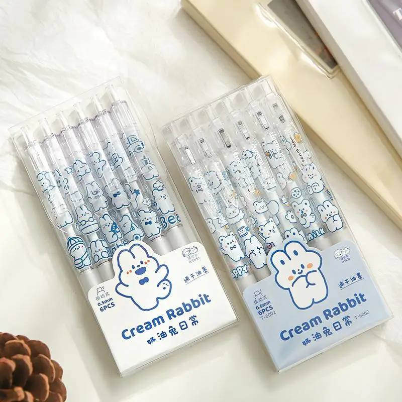 6pcs Cream Rabbit Gel Pens Set Cute Cartoon 0.5mm Ballpoint Black Color Ink for Writing Stationery Office Supplies A6916