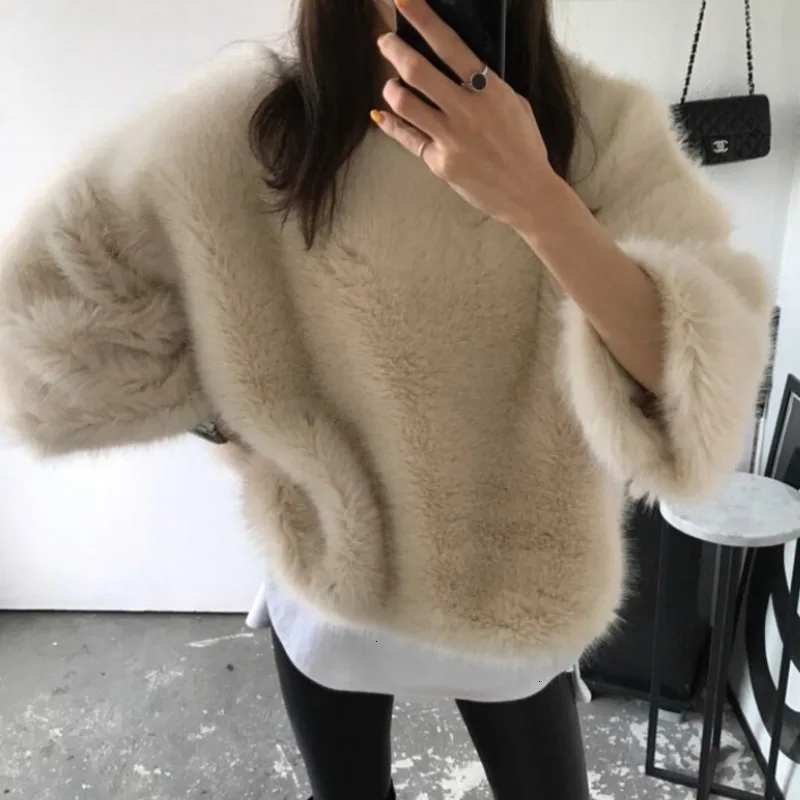 Осень и зима новая мода сплошной цвет круглый вырез меховой искусственный мех семь точек рукав теплый свитер для женщин D314