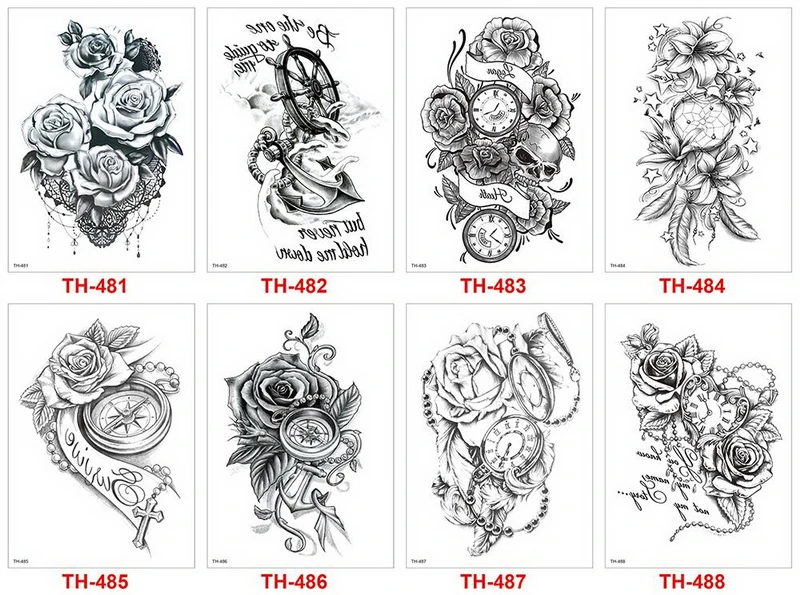 8 шт./партия эскиз татуировка в форме цветка черная Геометрическая наклейка-тату розы цветы эскизы тату дизайн большой водонепроницаемый тату поддельные наборы - Цвет: TH481X488