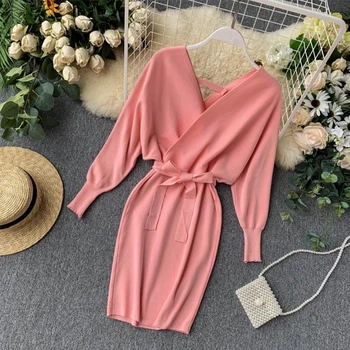 

Autumn Winter Women Knitted Sweater Dress 2020 New Korean Long Batwing Sleeve V Neck Elegant Dress Ladies Bandage Dress