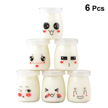 

6pcs 100ml Pudding Bottles Cute Face Heat-Resistant Glass Jelly Yogurt Jar Containers (Random Pattern)