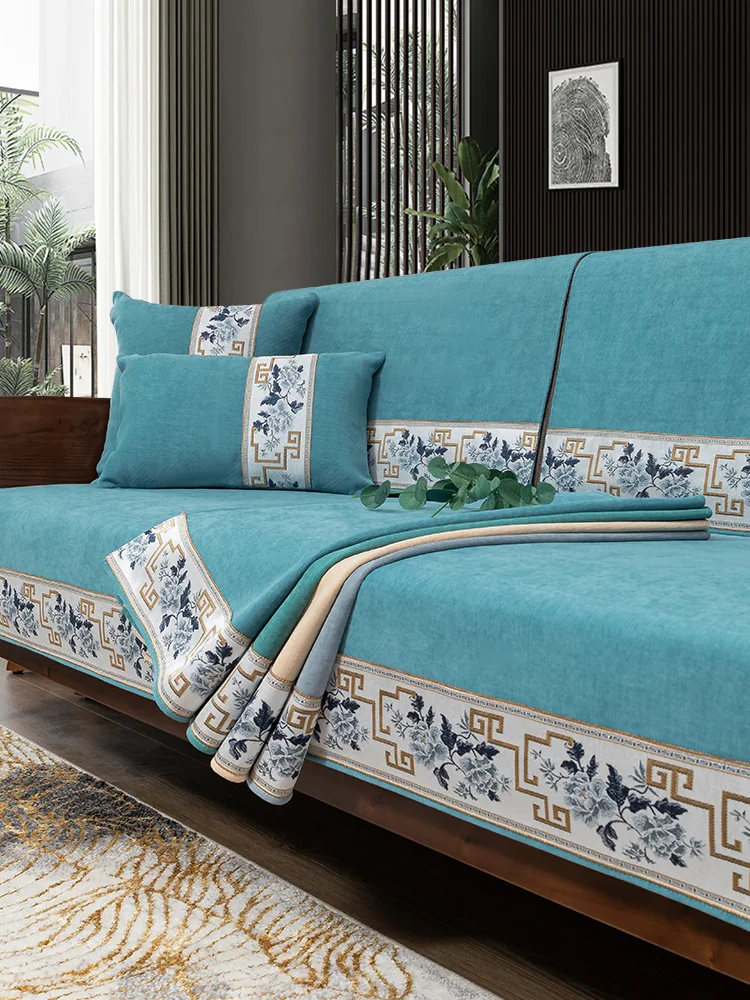Four seasons universal high-grade solid wood non-slip new Chinese sofa cushion Nordic minimalist style back towel couch cover 3