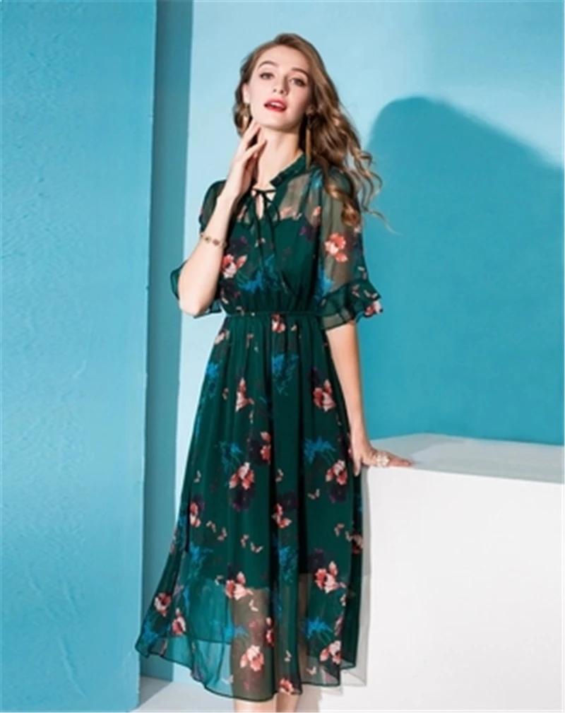 Высококачественное зеленое платье миди летнее из чистого шелка с цветочным принтом элегантное платье в повседневном стиле пляжное платье для отдыха Vestidos