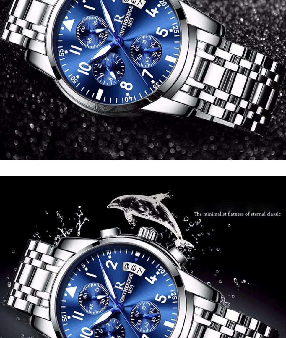 ONTHEEDGE, мужские роскошные повседневные водонепроницаемые кварцевые часы, модные наручные часы из нержавеющей стали, деловые мужские часы