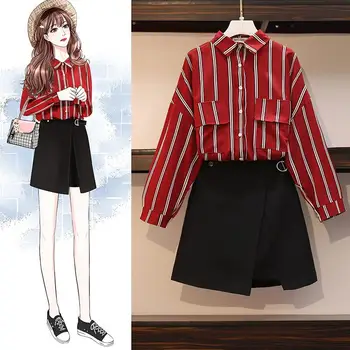 

ICHOIX women red long sleeve blouse with pocket+ black mini skirt kit fashion korean style two piece set fall lady office outfit