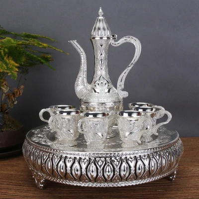 

decoration factory Sets Handwork Decorated Old Flower silver hand-carved Carving 1Tea Pot & 6 Wine Cup 1 Plate Decoration real