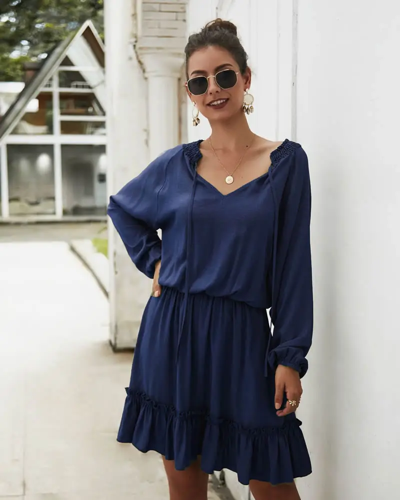 

Slim One-Piece Dress Fashion Crochet Solid Colors Autumn Dress For Womens 2019 New Ladies Drawstring Long Sleeve Dress Vestidos