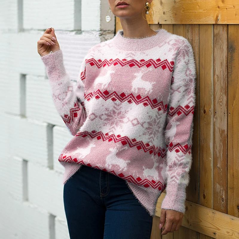 Женский кашемировый свитер цвета хаки, осенне-зимний Рождественский свитер, джемпер в полоску размера плюс, Розовый пуловер для женщин