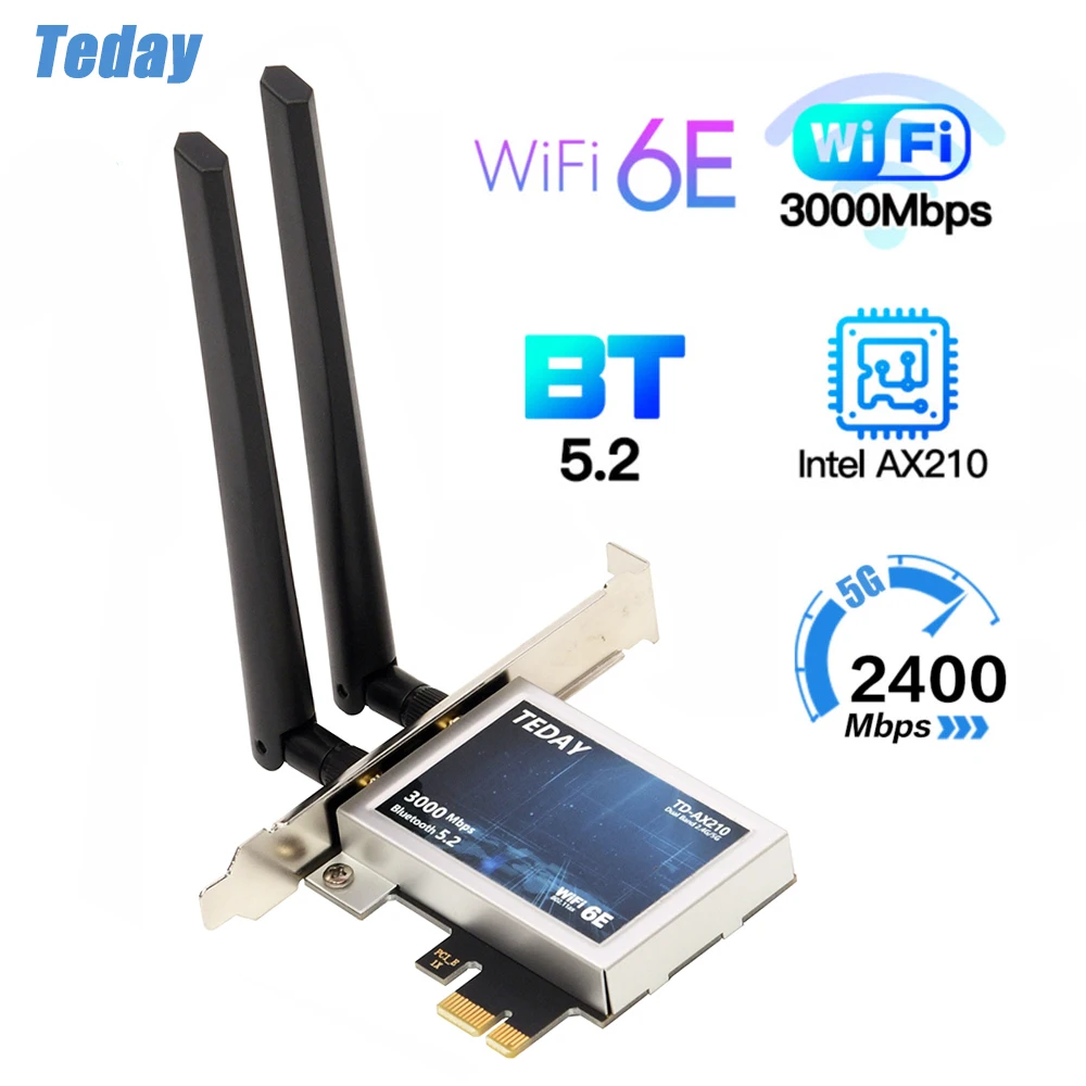 Desktop Wi-Fi 6 Intel AX210 PCIe WiFi Adapter Bluetooth 5.2 3000Mbps 2.4G 5G 6G 802.11ax AX210NGW Wireless Wifi 6E Card