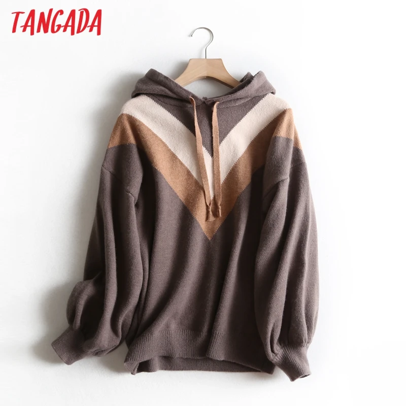 Tangada, Женский шикарный полосатый свитер с капюшоном, пуловеры, теплый толстый,, модный Женский Повседневный джемпер оверсайз, Pull Femme bc43