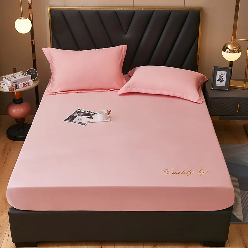 

2021 New 100% Polyester Four Corners With Elastic Band Bed Sheet Bedspread non-slip Simmons Mattress Cover Dustproof Pink Color