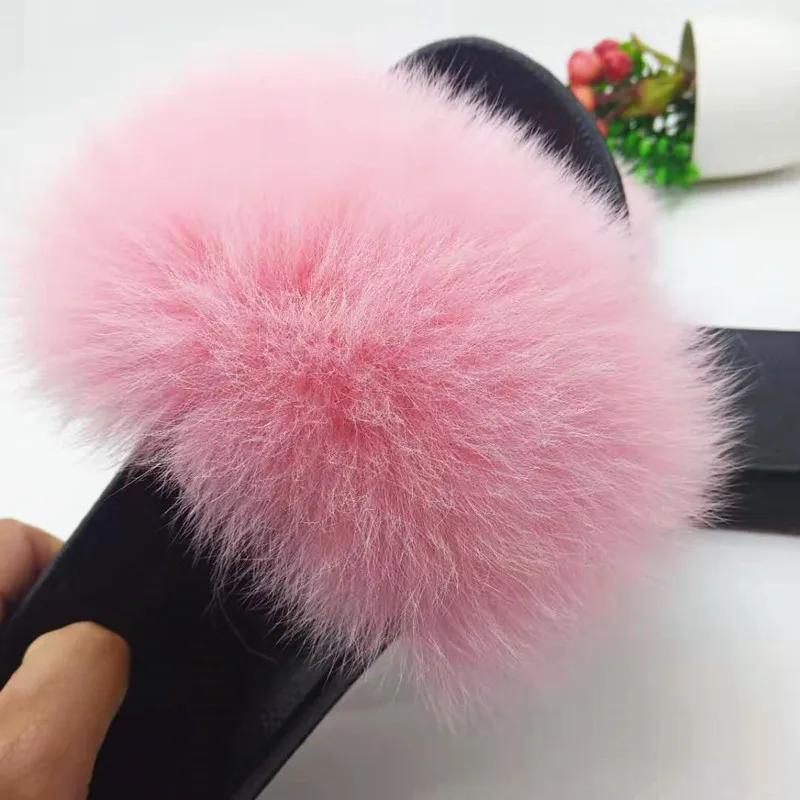 Pink Женские шлепанцы с натуральным лисьим мехом; женские меховые шлепанцы; меховые сандалии; плюшевые домашние тапочки; меховая обувь; женские пушистые вьетнамки - Цвет: Pink