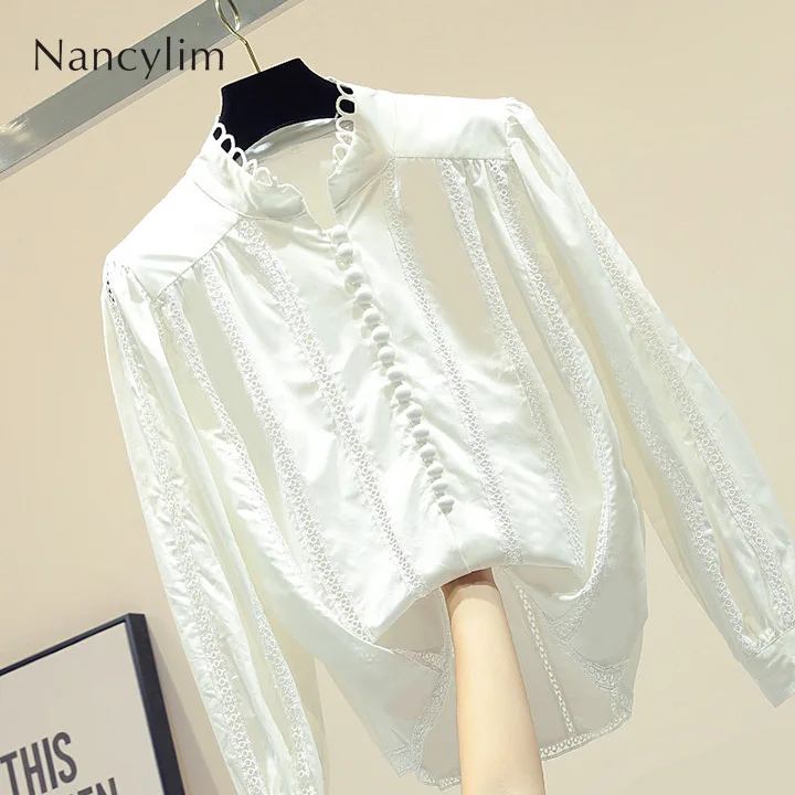 

2019 Autumn Retro Lace Stitching Shirt Women New Korean Loose Stand Collar Long Sleeve Blouse Girls Students Blusas White