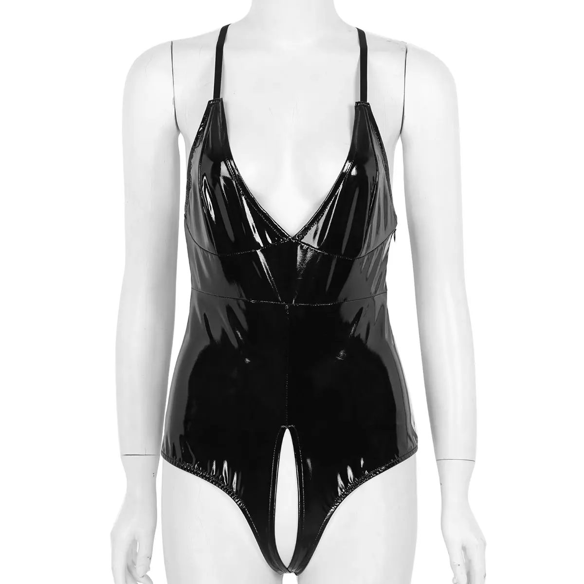 Women Wet Look Latex Leotard Bodysuit Patent Leather Plunging V-neck Adjustable Straps Cross Back Crotchless Body Suits Jumpsuit green bodysuit