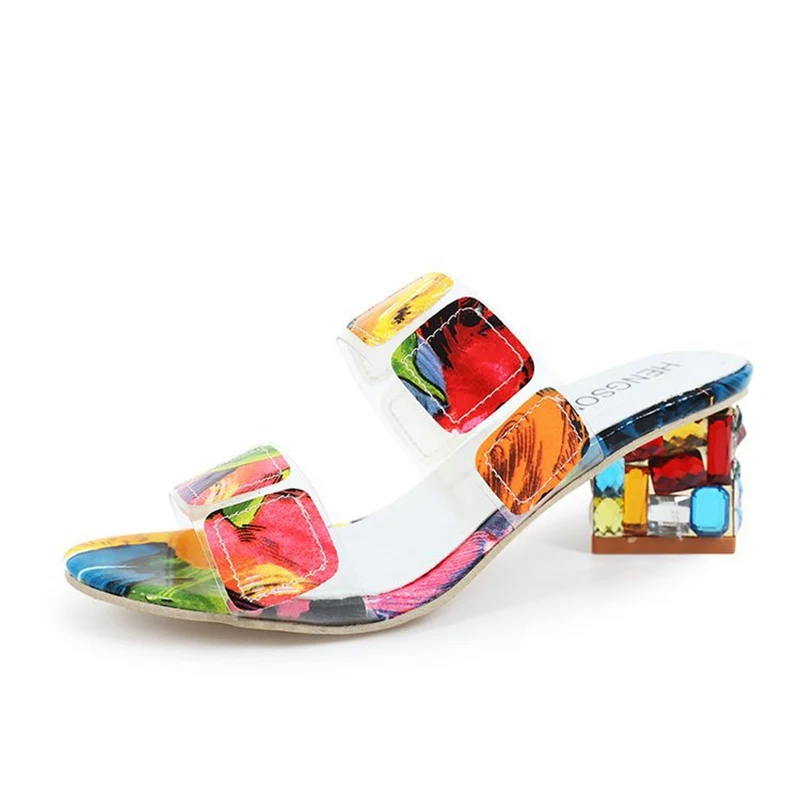 

2020 Summer Women Crystal 6.5cm High Heels Mules Multicolor Slides Female Block Clear Heels Peep Toe Slippers Jelly casual shoes