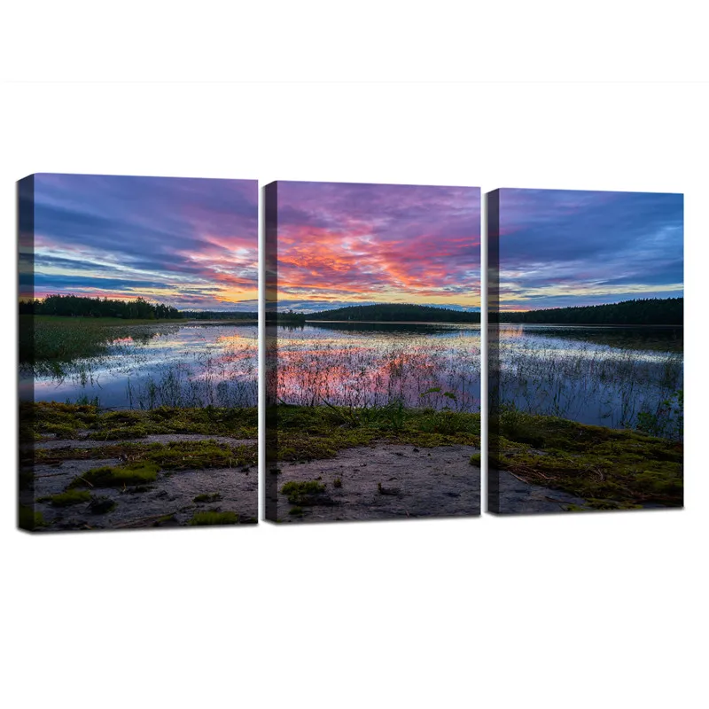 Wetland Wall Art Canvas Painting Poster Nature Landscape Colorful Evening Glow Reflection Framed Picture for Living Room | Дом и сад