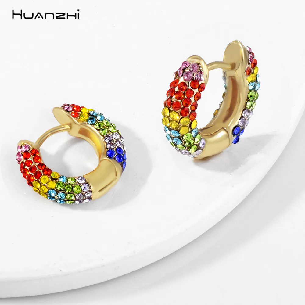 

HUANZHI 2019 Multiple Rhinestone Colorful Zircon Minimalist Geometric Round Circle Hoop Earrings For Women Girls Travel Jewelry
