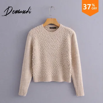 

DEMANDI Women's Loose Sweater Fall and Winter 2019 New Round-collar Suit Women's Short Pearl Decorative Knitted Shirt Women