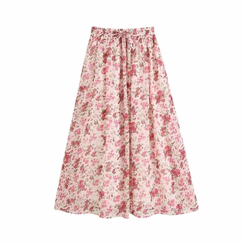 

Sweet women chiffon long skirts 2020 summer fashion ladies elegant high waist skirt female pink floral plaid girls chic skirts
