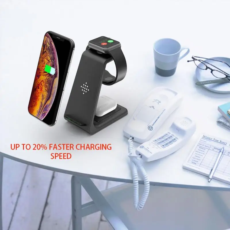 3 In1 Беспроводной Зарядное устройство для IPhone 11/Xs AirPods Apple Watch 23 Беспроводной Подставка для зарядки док-станции для наручных часов IWatch, IPhone 11Pro/Xr/Xs Max