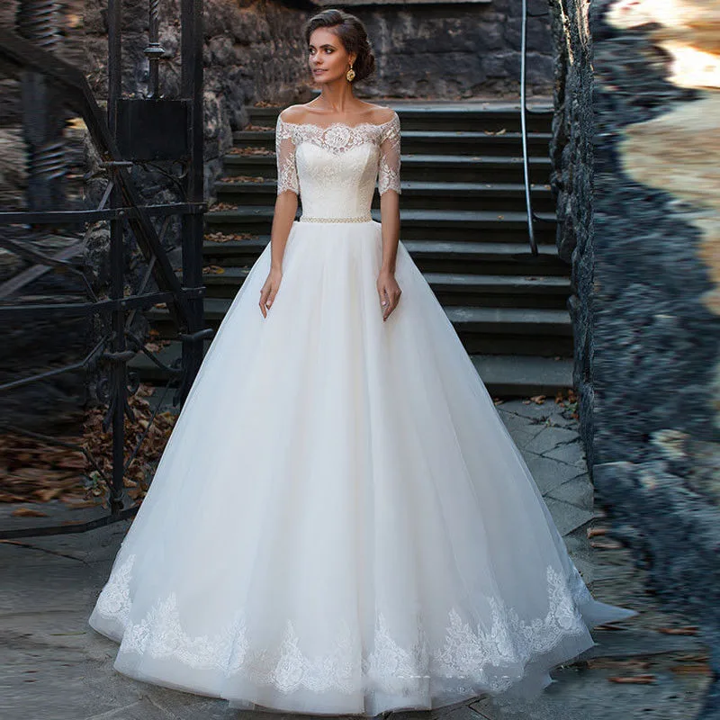 

2021 Half Sleeves Lace Appliques Wedding Dresses Lace Up Back Floor Length Bridal Gowns Formal Princess Garden Robe De Mariee