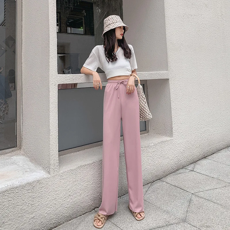 2023 Loose Ice Silk Wide-Leg Pants Women'S High Waist Black New Summer Thin  Casual Nine-Point Pants Straight Autumn Trousers