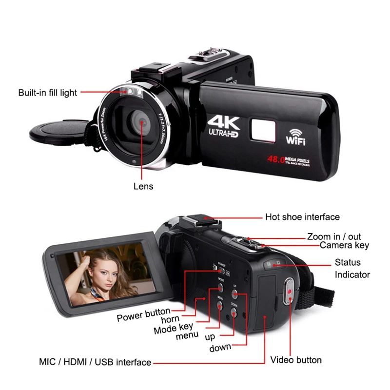 4K Camcorder 48MP Night Vision WiFi Control Digital Camera 3.0 Inch Touch-Sn Video Camcorder with Microphone