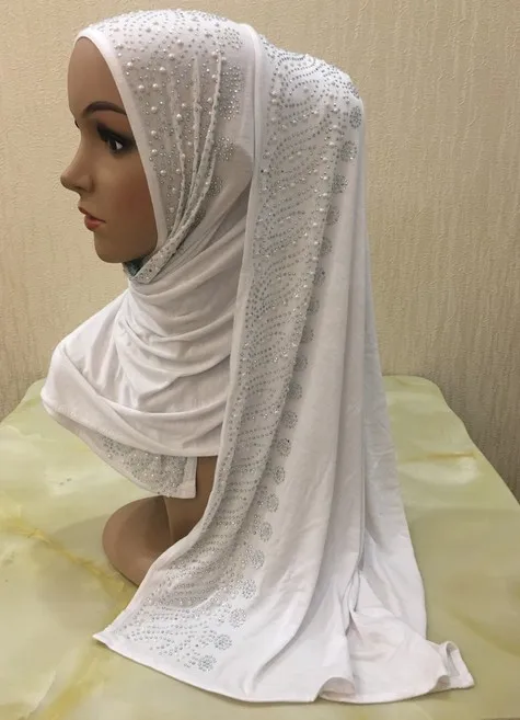Высококачественный хлопковый хиджаб из Джерси, шаль, малайзийский женский платок, мусульманский шарф с фарфоровыми бриллиантами, модная повязка на голову 160x50 см - Цвет: 8 white