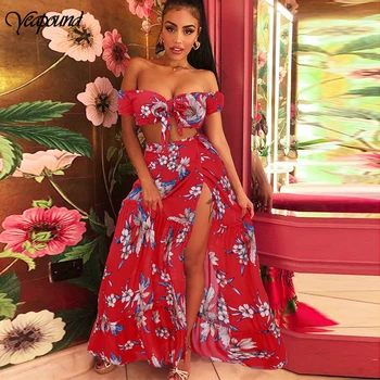 

Flower Printing Wrap Chest Strapless Short Sleeve Crop Top + Skirts 2 Pieces Dress Set Off Shoulder Bow Tied Two Pieces Dresses