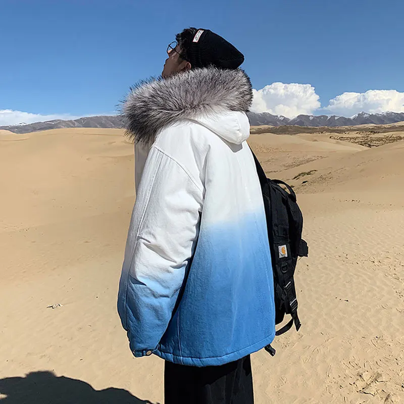 Liketkit, мужские зимние куртки и пальто,, мужские, градиентные, цветные, с заплатками, толстые парки, мужские, s, шерстяной воротник, негабаритная ветровка, 5XL