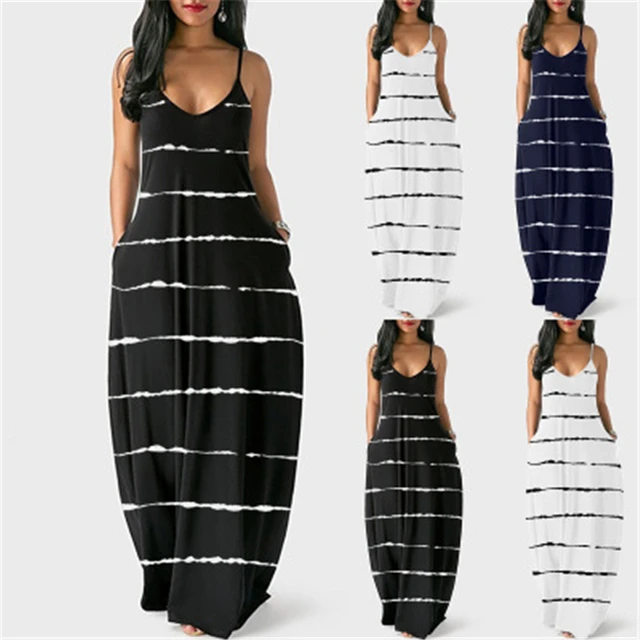 Women Summer Plus Size Maxi Dresses Sexy Solid Stripes Dress Casual Female Loose Sleeveless Tie Dye Beach Party Dress 2021 New 3