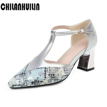 

plus size women pumps T-strap fashion snake print high heels shoes woman sexy pointed toe buckle party shoes OL footwear sandals