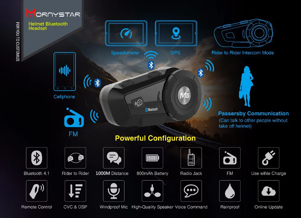 Bluetooth гарнитура для мотоциклетного шлема M6 Plus водонепроницаемая с FM радио|interphone